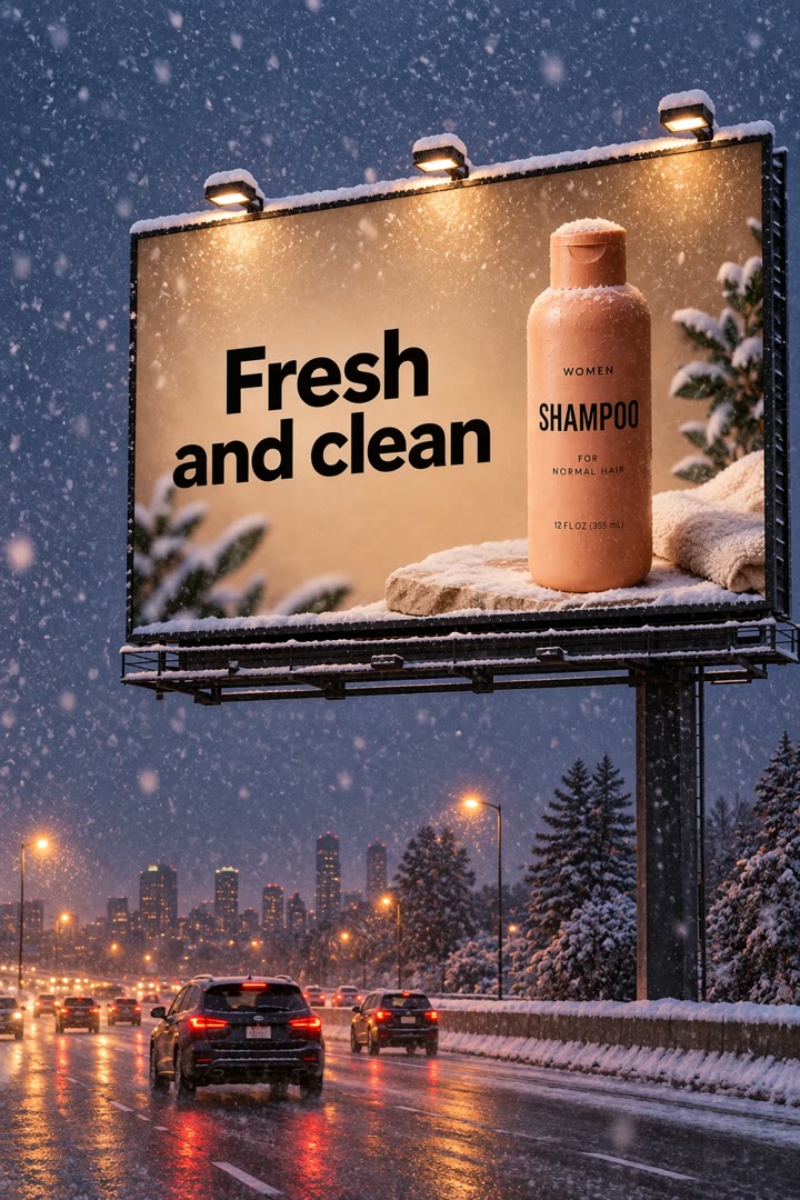 Same billboard, now on a snowy winter evening