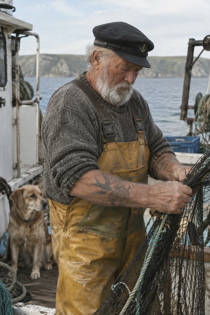 Candid 35mm portrait of an old sailor mending a net