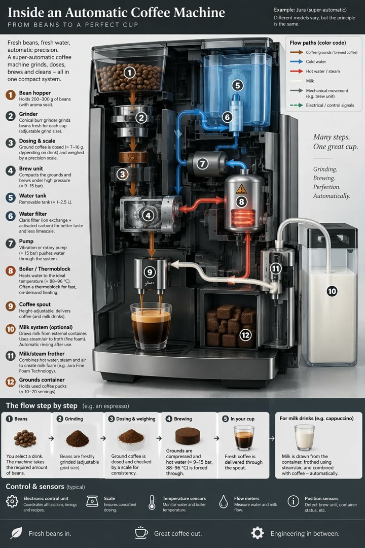 How an automatic coffee machine works, as an infographic