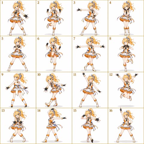 Sixteen panel dance pose sheet of anime girl