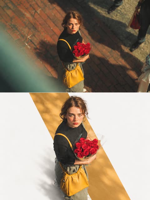Editorial poster of woman with roses and yellow bag
