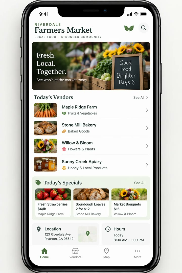 Farmers market app screen in an iPhone frame