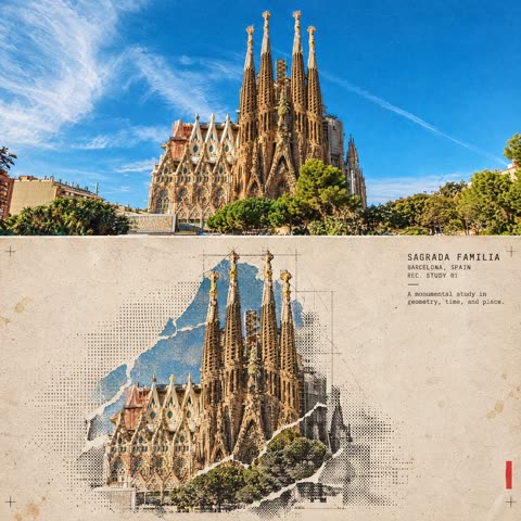 Building photo to halftone travel-collage poster