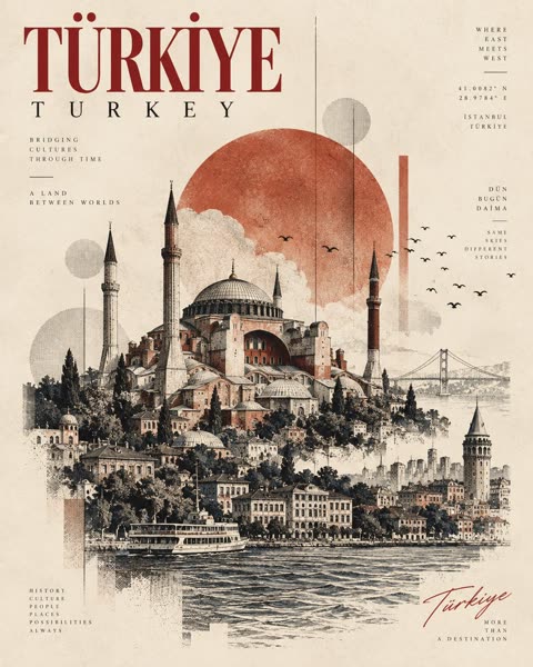 Istanbul landmark sketch travel poster in red ink