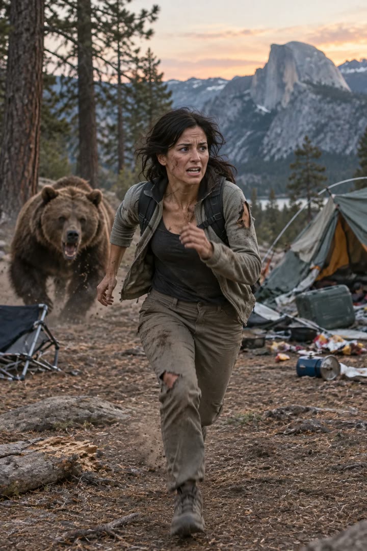 Put a person into a dusk campsite chase scene