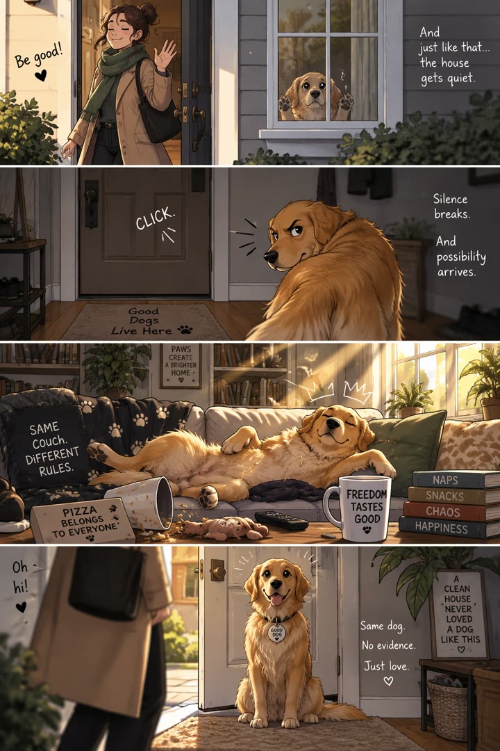 Four-panel comic of a pet left home alone