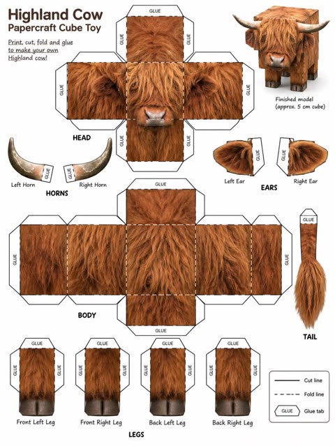 Highland cow papercraft cube toy template