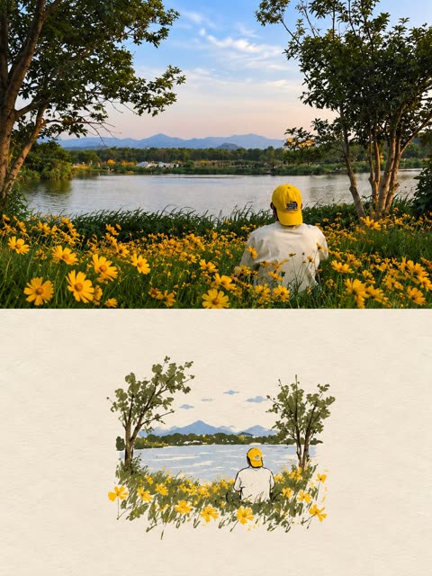 Lakeside Photo Paired With Paper Illustration