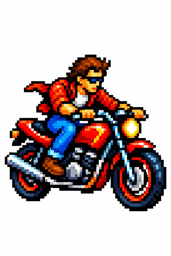 Pixel art rider in the style of a reference image