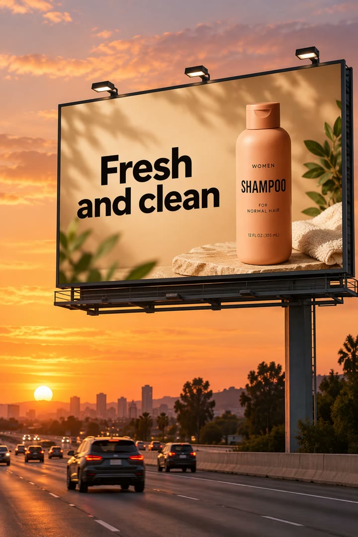 Product billboard on a highway at sunset