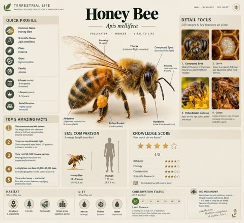 Honey bee educational infographic with data modules