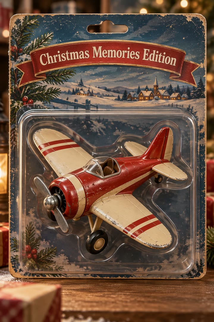 Holiday collectible toy airplane in retail packaging