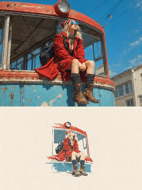 Rusty red tram photo paired with paper illustration