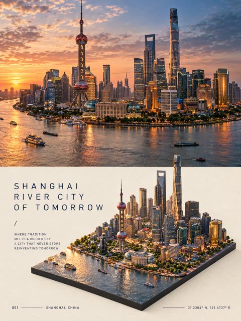 Shanghai skyline photo paired with isometric miniature diorama
