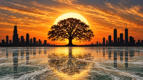 Tree silhouette against huge sun over frozen lake