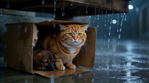 雨夜纸箱里猫咪守护被遗弃的小狗