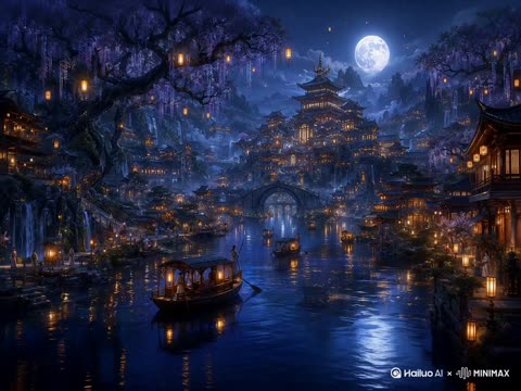 月夜国风幻想水乡夜市