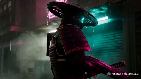 赛博朋克武士在霓虹雨中拔刀