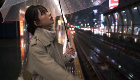 雨夜站台透明伞下的女人与驶过的列车