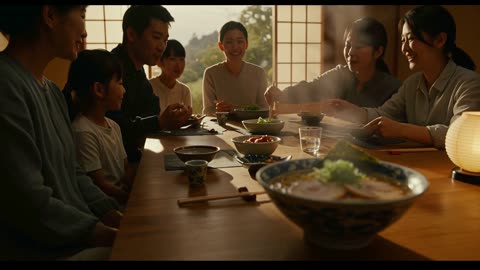 Ramen in front, family dinner behind, one focus pull