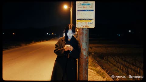 疲惫女子在乡间夜晚公交站等车