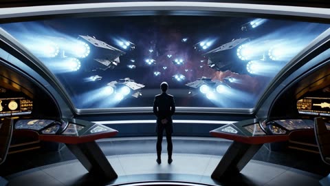 Starship bridge, the fleet jumps to hyperspace