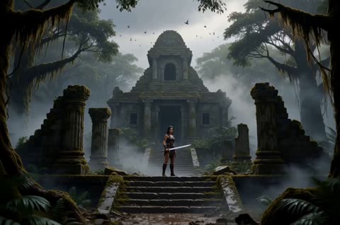 女战士在丛林遗迹中大战霸王龙