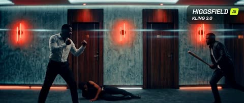 Hotel corridor fight under red neon lights