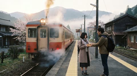 Bento handed over at a misty station, in Japanese