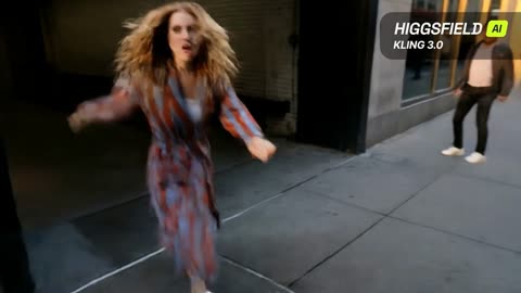 Panicked woman in striped robe on Manhattan street