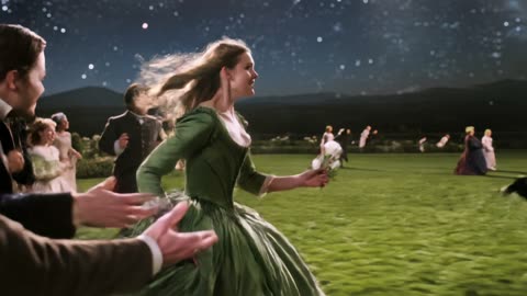 Woman in green runs across a moonlit garden, 15 s
