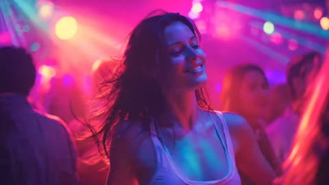 Woman dancing in neon nightclub and rain