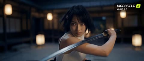 Woman slices wooden dummy in night courtyard