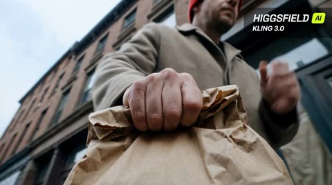 Low angle tracking shot locked on paper bag