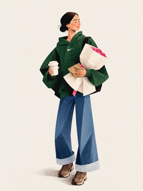 Full-body fashion illustration in textured geometric style