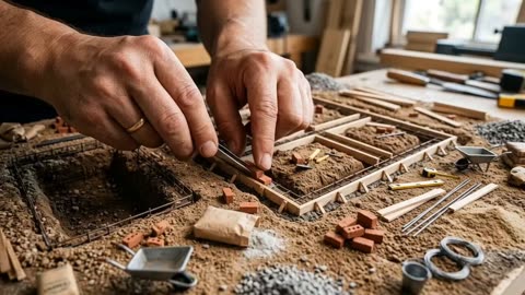 Miniature farmhouse foundation built by giant hands