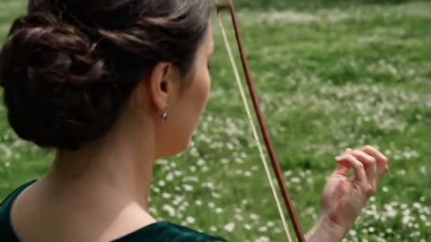 Move the camera over the violinist's shoulder