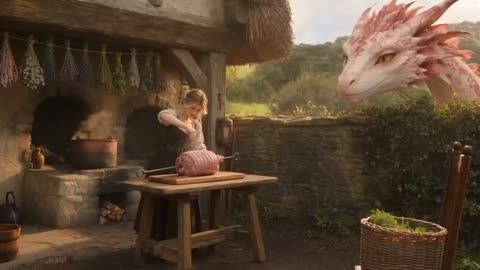 Woman and Pet Dragon Cook a Roast