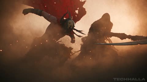 Masked warrior fights scythe reaper in desert dust