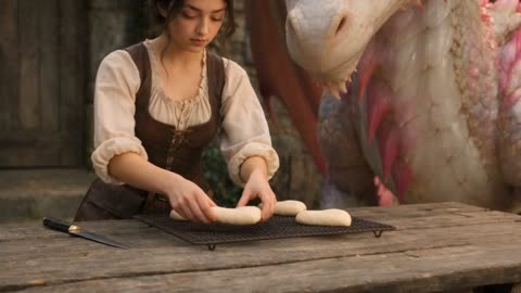 A woman teaches a dragon to bake heart-shaped bread