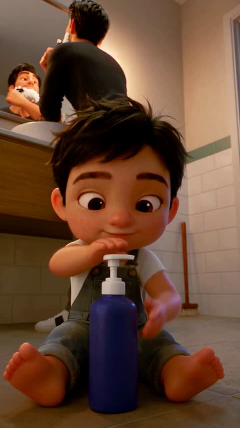 Toddler copies dad's shaving with soap foam