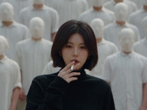 A woman stands still while the crowd moves in sync