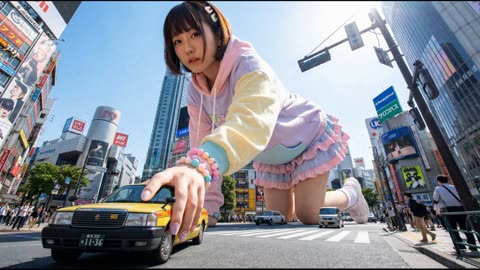 Giant girl kneeling over a Tokyo crossing