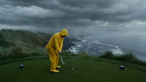 Golfer on stormy cliff, camera tracks ball