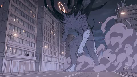 Hand-drawn anime fight against a giant monster