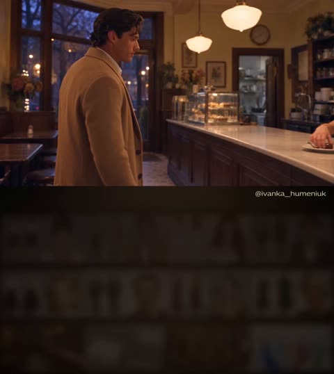 Man in camel coat at cafe counter