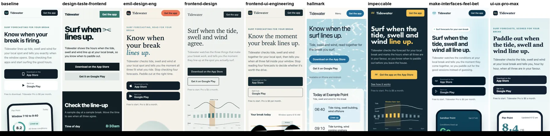 The nine landing pages at 390 pixels wide