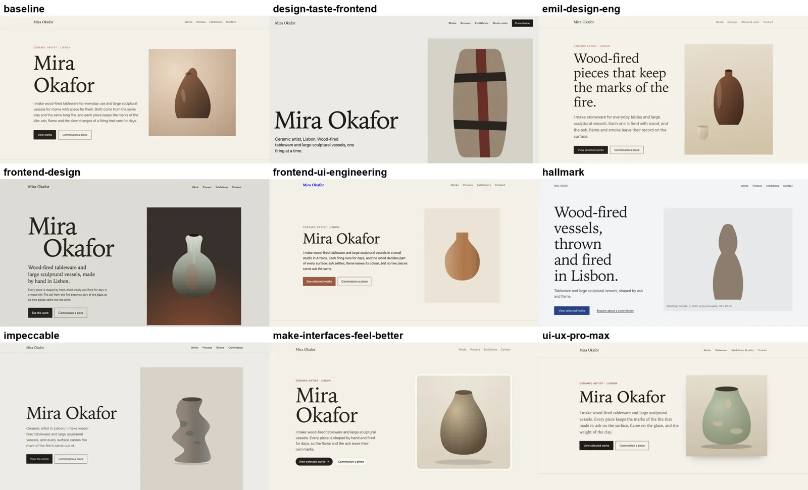 Nine ceramic artist portfolios built from the same brief